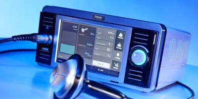 Fisioterapeuta en fisioterapia oceano Móstoles aplicando ondas de choque focales con ecografía en un paciente